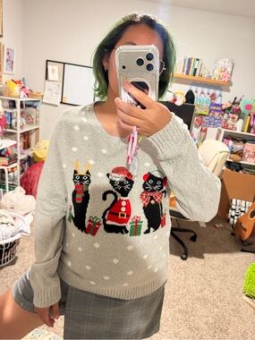 Karen Scott Gray Holiday Cat Crewneck Sweater with Red & Green Accents